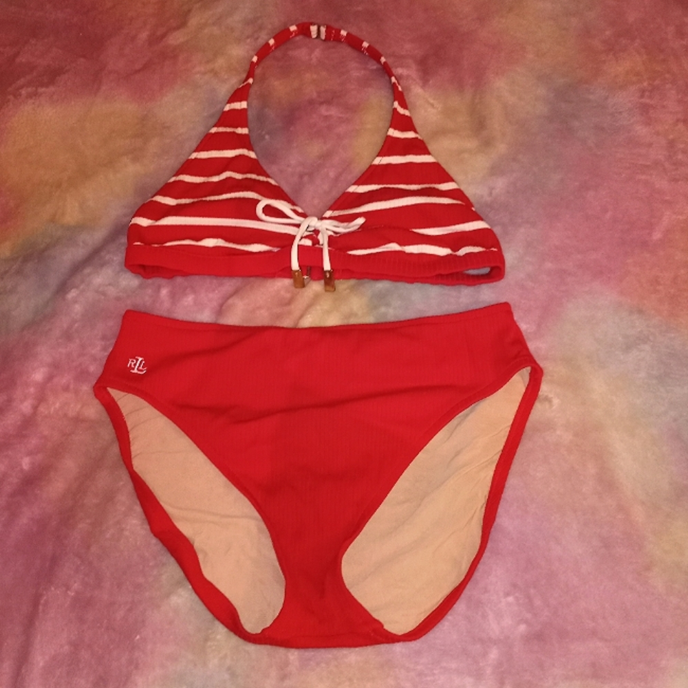 Size 12 Lauren Ralph Lauren Red & White Striped Swimsuit
